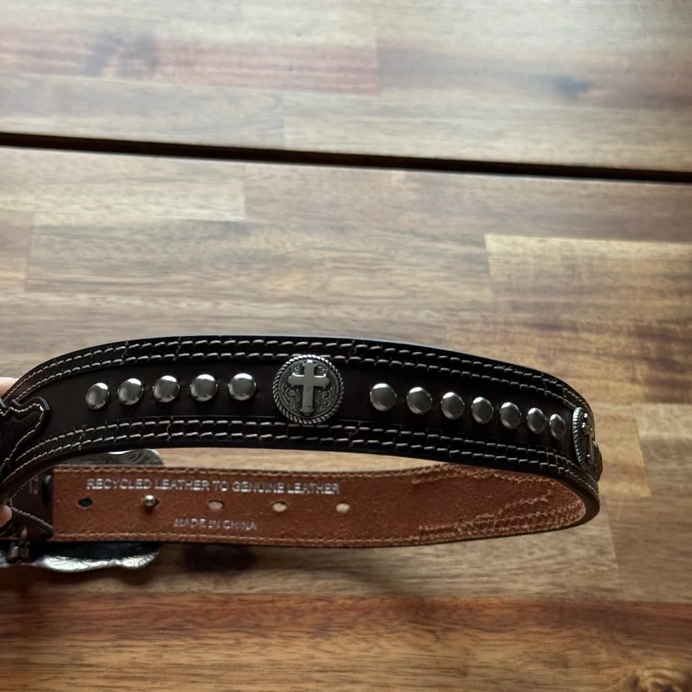 Cavenders Kids Brown Leather Western Belt Cross Studs Basketweave‎ Sz 22 9600802